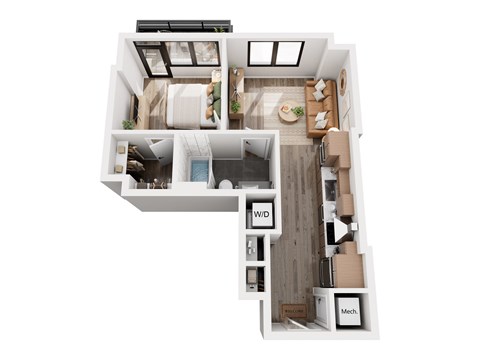 Floor plan for 1 bed, 1 bath, 571 sqft